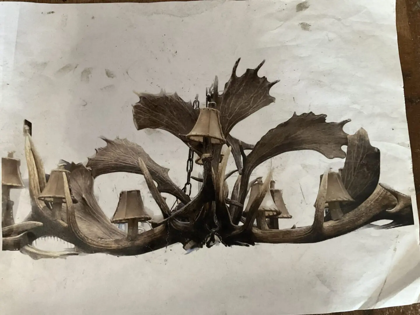 A chandelier made of moose antlers with lamps.