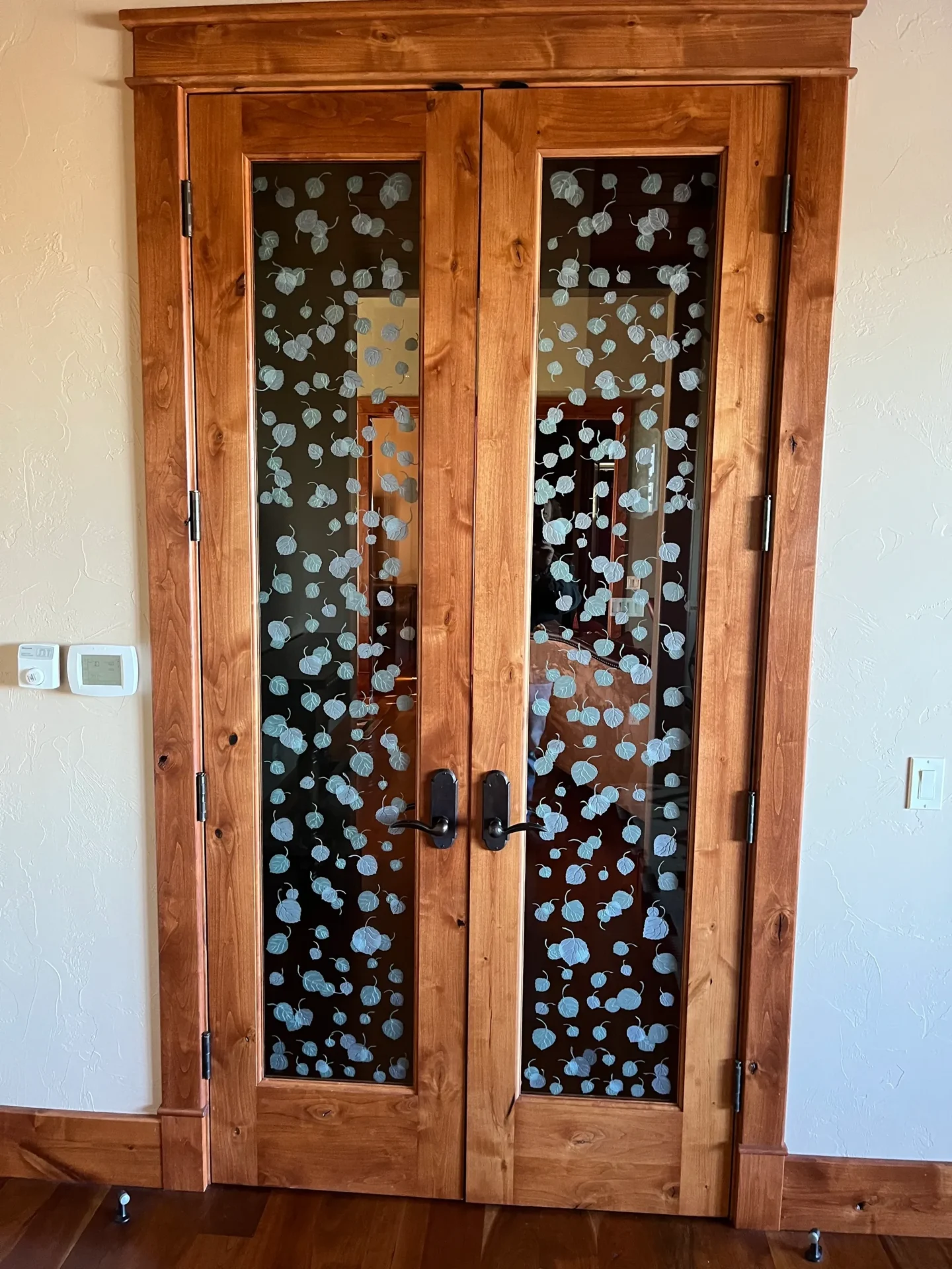 A door with glass and wood panels on it