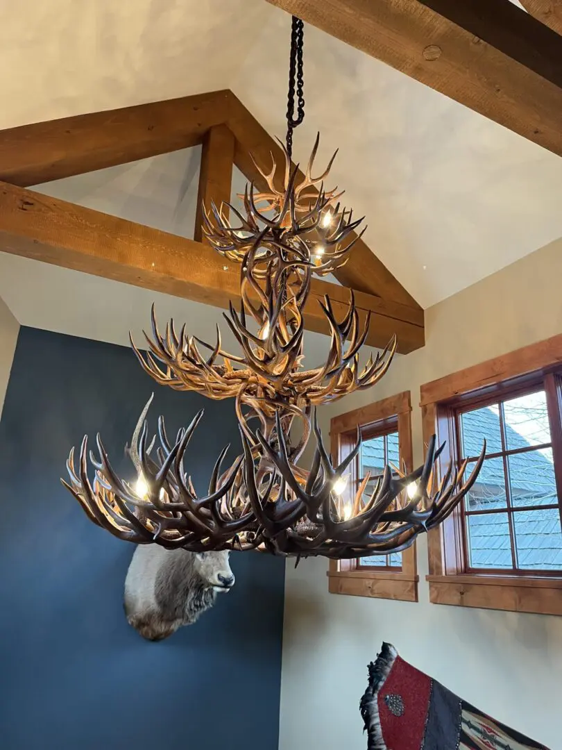 A chandelier with antlers hanging from the ceiling.