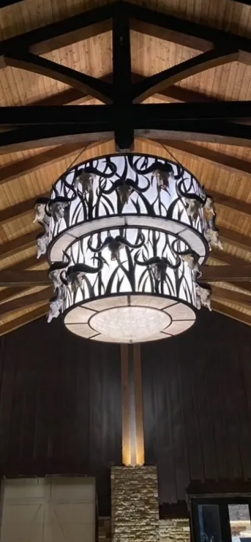 A chandelier with two lights hanging from the ceiling.